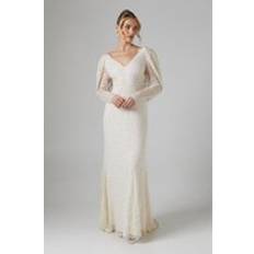 Clothing Coast Cowl Back Long Sleeve Embellished Wedding Dress Ecru