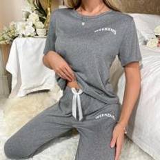 Shein Sleepwear Shein Letter Graphic Tee Bow Front Pants PJ Set