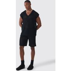 Musta - Yksivärinen Pyjamat boohooMAN Oversized Open Stitch V Neck Vest Set - Black