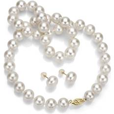 Mother of Pearl Jewelry Sets Pearl necklace and stud earrings set 14k yellow gold 8-9mm white freshwater