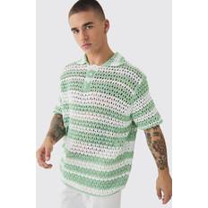 Acrylic Polo Shirts boohooMAN Mens Oversized Boxy Open Stitch Stripe Polo Cream