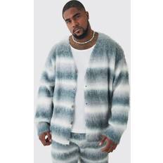 Gray - Men Cardigans boohooMAN Mens Plus Boxy Fit Knitted Brushed Stripe Cardigan Grey