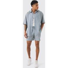 Herren - Leinen Unterwäsche boohooMAN Oversized Short Sleeve Linen Look Shirt Set - Black