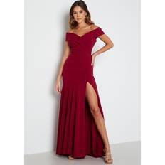 Goddiva Bardot Pleat Maxi Split Dress Wine-red UK16