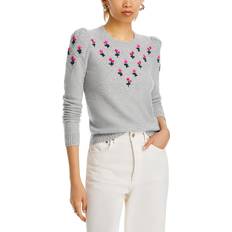 Aqua Sweaters Aqua Cashmere Puff Sleeve Embroidered Floral Cashmere Sweater 100% Exclusive Light Grey