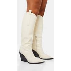 High Boots Public Desire Nevada Ecru Western Cowboy Pointed Toe Block Heel Knee High Boots neutral