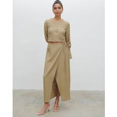 Pretty Lavish Abigail Wrap Linen Midaxi Skirt Olive