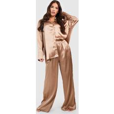 Brown Pyjamas boohoo Womens Oversized Satin Long Sleeved Shirt Trousers Pyjama Set - Brown