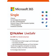 Microsoft 365 Single & McAfee LiveSafe Bundle, 12 Monate für 1 Nutzer 5 Geräte Download Code [Multiplattform]