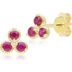 Ruby Earrings Gemondo Floral Ruby Three Stone Stud Earrings in 9ct Yellow Gold