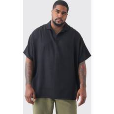 Viskoosi Polo paidat boohooMAN Plus Oversized Linen Revere Polo - Black