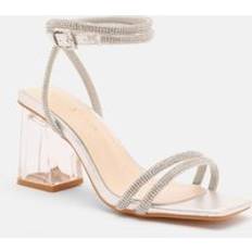 Faux Leather Heeled Sandals Quiz Wide Fit Diamante Clear Block Heeled Sandals Silver