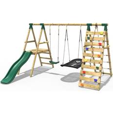 Rebo Quartz, Green Wooden Swing Set with Deck and Slide plus Up and Over Climbing Wall