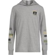 Adidas S T-shirts Adidas Boys Long Sleeve Hooded Lineage Stack Heather Tee Gray