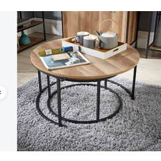 Home Source Round Oak Effect Finish/Black Nesting Table 77cm 2pcs