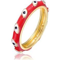 14k - Children Rings Rachel Glauber GigiGirl Kids/Teens 14k Gold Plated White Evil Eye With Colored Enamel Slim Bamboo Band Ring Red