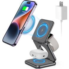 Foldable Magnetic Wireless Charger, Aluminum Alloy 3 in 1 Charging Station for Apple, KU XIU 15W Fast Mag-Safe Charger Stand for iPhone 14 13 12 Pro/Max/Plus, AirPods 3/2/Pro, iWatchAdapter Included