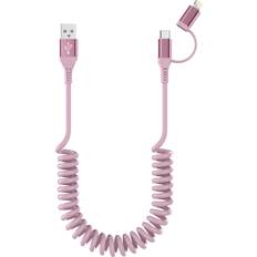 USB to USB-C and Lightning Cable Combo 2 in 1 Coiled Cable Apple Carplay & Android Auto Compatible [MFi& 3A Fast Charge& Data Sync] Coiled Lightning and USB C Cable for iPhone 15/14/13/12/Android,Pink