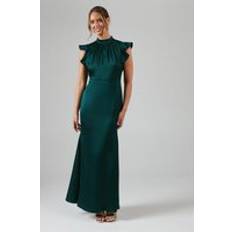 Coast Flutter Sleeve High Neck Satin Bridesmaids Maxi Dress Emerald