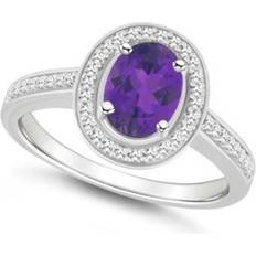 Macy's Purple Rings Macy's Belk & Co Sterling Silver 8x6mm Oval Amethyst 1/5 CTTW Diamond Halo Ring, Violet