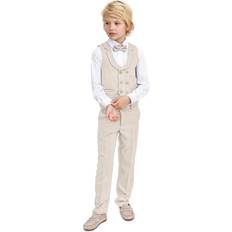 Children's Clothing Lilax Boys Suit Set Slim Fit Vest, White Dress Shirt, Dress Pants and Bowtie Piece Formal Suit Set 11 Years, Beige