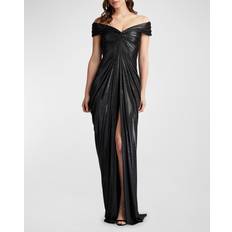 Evening Gowns Dresses Tadashi Shoji Ruched Off-Shoulder Metallic Jersey Gown TITANIUM X-Large