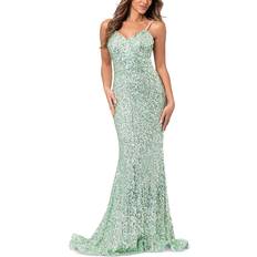 Aqua Evening Gowns Dresses Aqua Sequin Tie Back Floor Sweeping Gown 100% Exclusive Mint