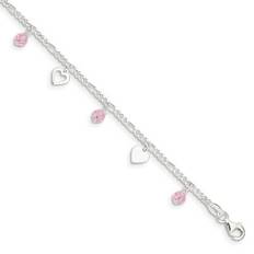 Silver Anklets G&W Silver pink glass beads and polished hearts anklet with extension