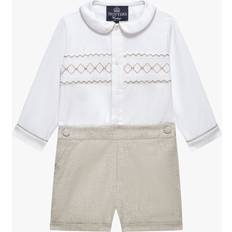 Trotters Baby Rupert Smocked Shirt and Shorts Set, White/Oatmeal