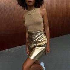 Gold Skirts Never Fully Dressed Women's Gold Vegan Leather Mini Wrap skirt