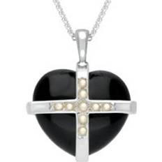 M Necklaces C. W. Sellors Sterling Silver Whitby Jet Nine Pearl Cross Heart Necklace Silver