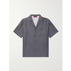 Gucci Shirts Gucci Camp-Collar Logo-Print Silk Shirt Men Gray IT