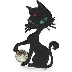 Black Brooches Avalaya Black matte 'kitty with green eyes' brooch 5.5cm length