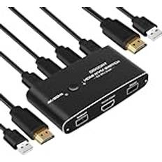 4K 60 Hz HDMI KVM-switch, 2-port USB HDMI-omkopplare för 2 datorer 1 bildskärm, som delar 2 USB-enheter, innehåller 2 HDMI-kablar och 2 USB-kabel