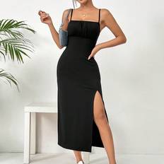 Shein Klänningar Shein Ladies' Solid Color Simple Daily High Side Split Strappy Dress