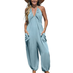 Blue - Women Jumpsuits & Overalls Cupshe Women's Plunge Halter Jogger Jumpsuit Light/pastel blue Medium