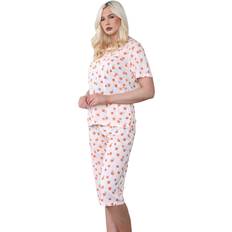 Orange - Women Sleepwear Malay Peach, XXL Ladies Capri Pyjama Set Floral Printed Tulip Crew Neck Buttons Cropped PJs Orange