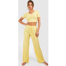 Women - Yellow Sleepwear boohoo Womens Pointelle Short Sleeve Tshirt And Pants Pj Set Yellow