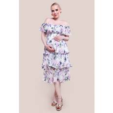 Clothing Goddiva Maternity Shirred Chiffon Floral Bardot Midi Dress Multi