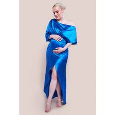 Blue - Evening Gowns Dresses Goddiva Maternity Satin Drape Shoulder Wrap Maxi Dress Cobalt