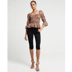 Brown Blouses River Island Womens Brown Shirred Leopard Print Blouse