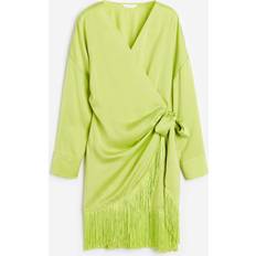 H&M Midi Dresses H&M Fringe-trimmed Satin Wrap Dress Yellow