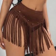 XS Skirts Shein Women Western Music Festival Chamois Low Rise Rivet Tassel Mini Skirt