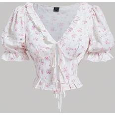 Slim - XXL Blouses Shein Womens MidSleeve Floral Pink White Shirt With Bubble Sleeves And Ruffle Front OpeningPink Floral Blouse