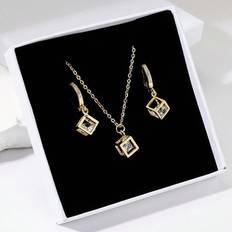 Gold Jewellery Sets Shein Set Fashion Stainless Steel Cubic Zirconia Cube Shape Pendant Necklace Earrings Jewelry Set Women Holiday Gift Jewelry Box Set With Gift Box