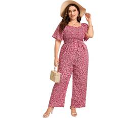 5XL Jumpsuits & Overalls Kojooin Plus Casual Jumpsuits for Women Outfits Tie Belt Bell Sleeve Smocked Beach Wide Leg Floral Jumpsuits Red