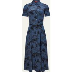 Midi Dresses - Wool Altuzarra Kiera Silk Printed Shirt Dress Steel Blue 44 FR/12 US