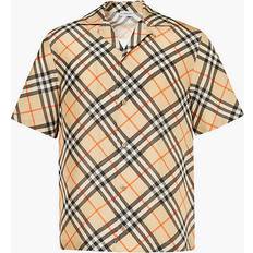 Beige - Flannel Shirts Burberry Mens Sand Ip Check Check-print Short-sleeve Silk Shirt