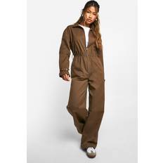 Brown Jumpsuits & Overalls boohoo Womens Cargo Woven Utility Zip Jumpsuit Brown