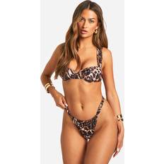 Brown - Women Bikini Sets boohoo Womens Leopard Underwire Ruched Bikini Set Brown